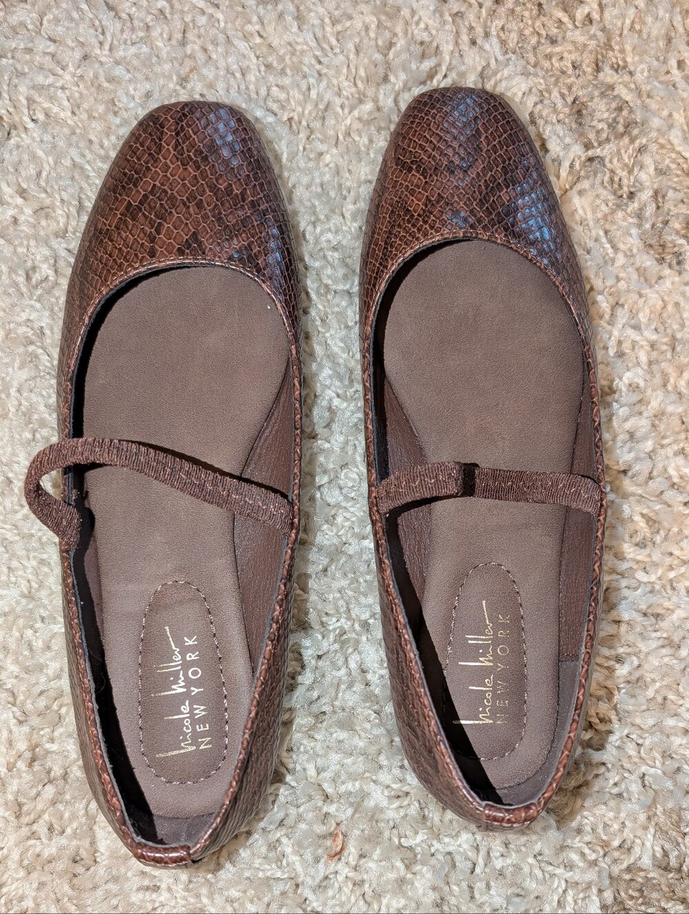 Nicole Miller Brown Snake-Print Mary Jane Flats